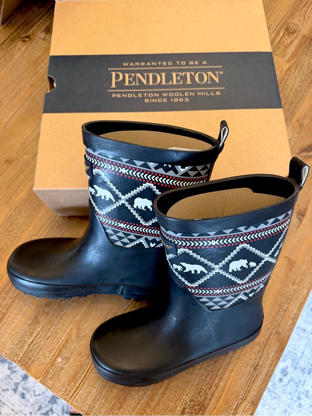 Pendleton Black Kids Rain Boots with Patterned Cuff